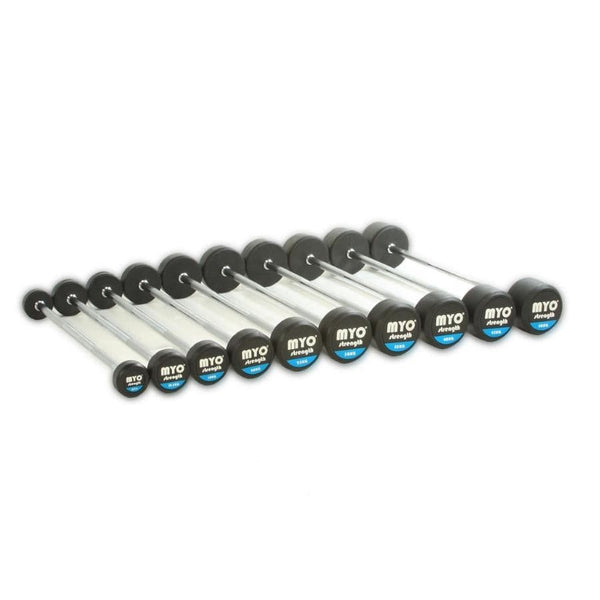 MYO Strength Rubber Barbell with PU End Caps – 10 kg – 50 kg Straight (10 Bar Set)